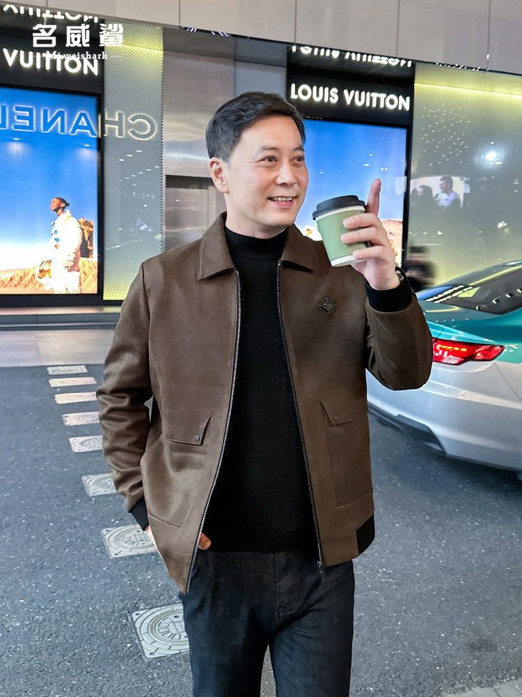 中年男士春秋夹克翻领彷麂皮上衣工作夹克中老年爸爸休闲夹克