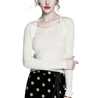 钉珠方领白色修身针织衫早秋毛衣