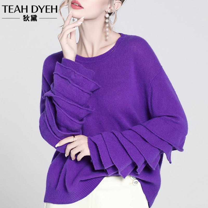 纯羊毛紫色灯笼袖短款针织衫毛衣