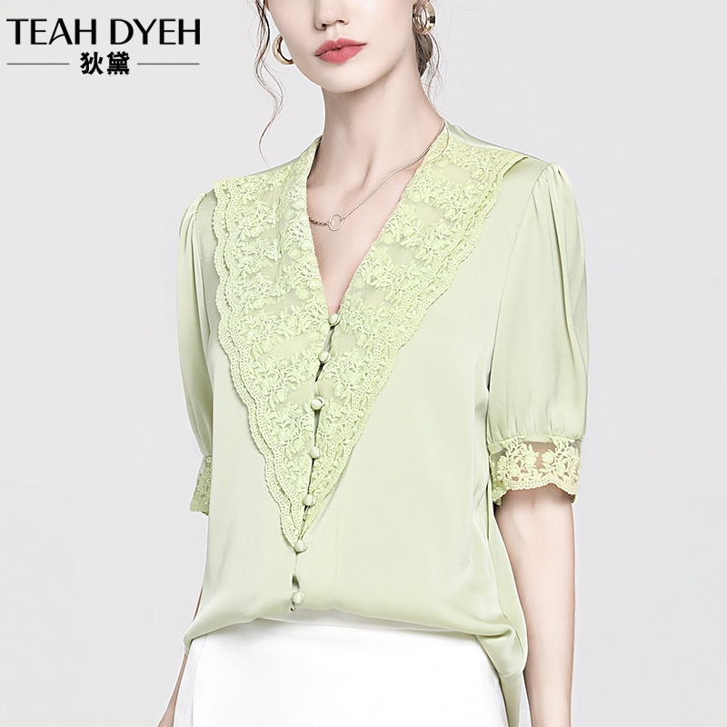 清新绿！法式V领荷叶边蕾丝刺绣短袖真丝桑蚕丝衬衫泡泡袖上衣夏
