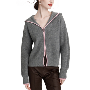 重磅100%纯羊毛双拉链灰粉撞色慵懒连帽短款卫衣针织衫毛衣外套女