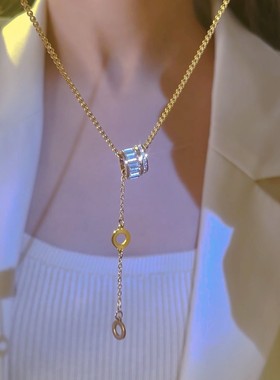 钛钢时尚简约小蛮腰闪闪锆石双环路路通Y形流苏毛衣链闺蜜项链女