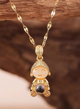 时尚新款笑脸小萌佛投影项链女吊坠小弥勒佛本命年钛钢网红锁骨链