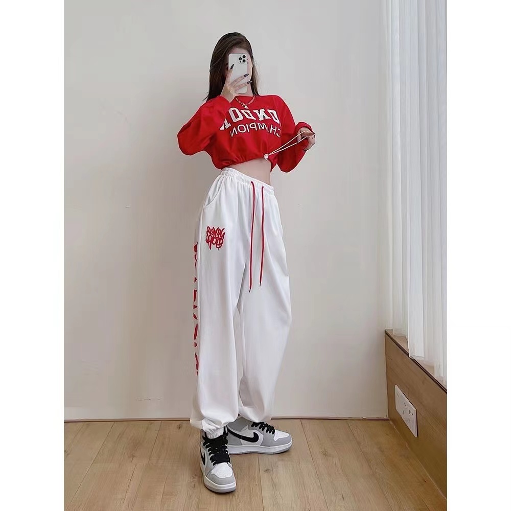 新款宽松高腰运动裤白色字母印花