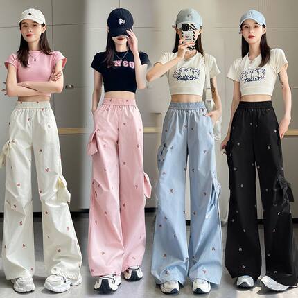 小熊休闲工装裤女2025春夏季宽松印花立体蝴蝶结装饰甜辣百搭阔腿