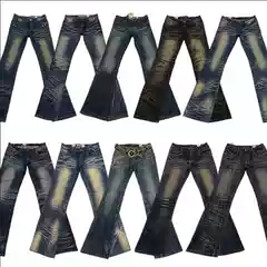 Vintage Denim Y2K Millennium Style Low-Waisted Shibuya Wide-Leg Flared Floor-Length Pants Ej