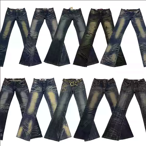 Vintage Denim Y2K Millennium Style Low-Waisted Shibuya Wide-Leg Flared Floor-Length Pants Ej