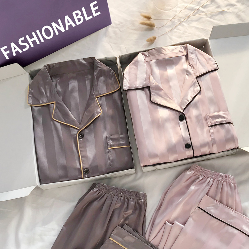 커플 잠옷 봄과 가을 여성의 얼음 실크 긴 소매 인터넷 연예인 스타일 남성 플러스 사이즈 진짜 실크 가정 의류 여름 정장