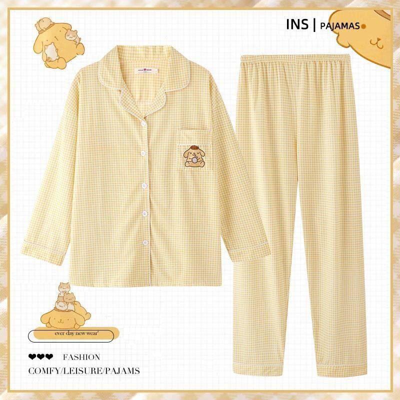 2024 여성을위한 새로운 잠옷 봄과 가을 순수 코튼 귀여운 인터넷 연예인 스타일 푸딩 개 긴 소매 대형 홈 의류 여름