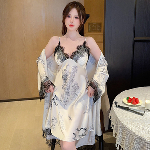 带胸垫性感冰丝绸吊带睡裙女款2024新款长袖睡袍春秋夏季两件套装