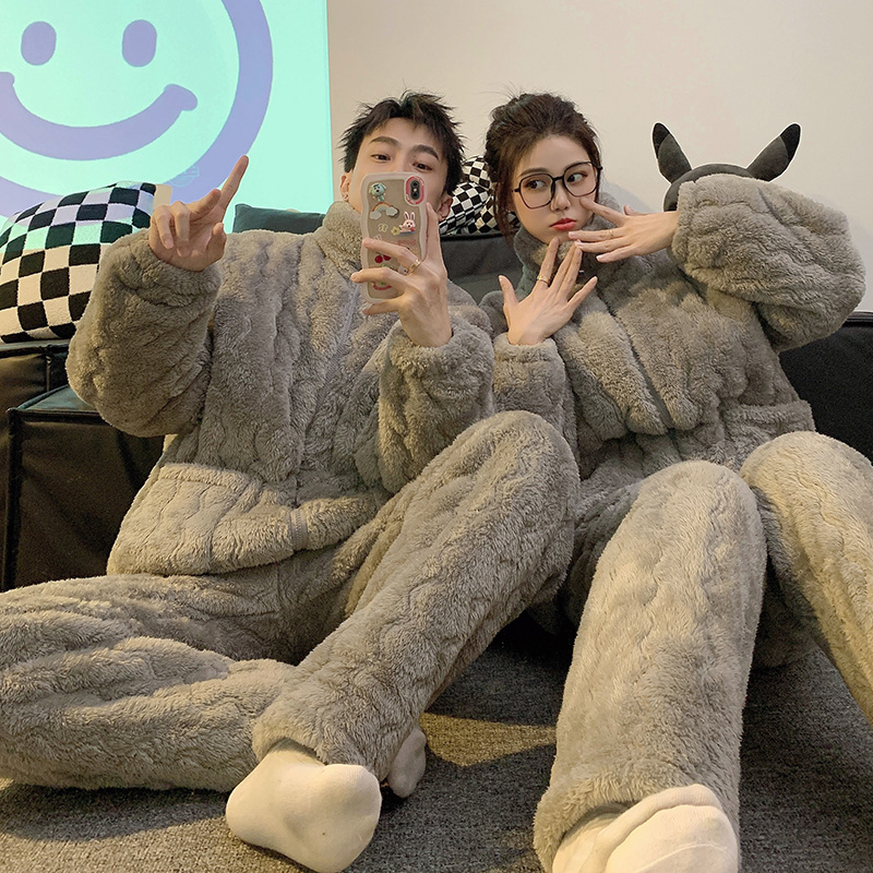 简约保暖三层夹棉情侣睡衣居家服