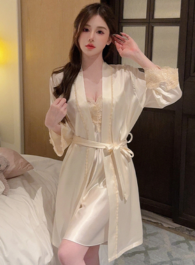 长袖轻熟御姐冰丝睡袍吊带睡衣女款春秋夏季性感睡裙女士两件套装