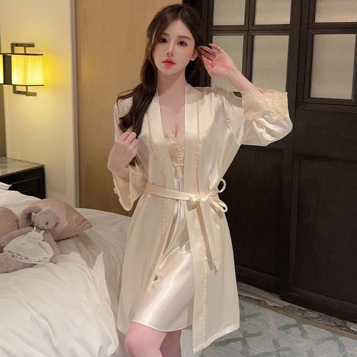 睡袍冰丝长袖性感春秋睡裙家居服