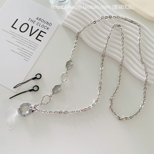 时尚ins北欧风银色金属斜挎斜背手机挂绳结实耐用手机链透明夹片