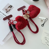 好看酒红色毛绒爱心手机挂绳挂手腕结实防盗防丢手机链垫片挂件女
