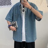夏季ins牛仔衬衫男士短袖工装衬衣韩版宽松百搭帅气上衣港风，男装衬衫，星座601-1