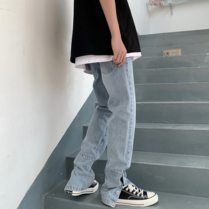 ins高街复古水洗黑色牛仔裤男潮牌开叉排扣垂坠嘻哈拖地修身长裤图片