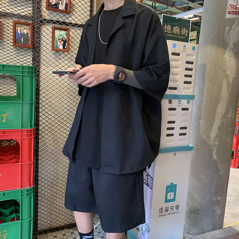 ins港风夏季韩版休闲2件套短袖男五分袖外套潮流宽松西服短裤套装图片