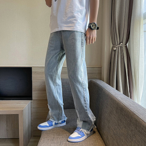 破洞牛仔裤男女2021百搭休闲直筒浅蓝色磨破老爹裤图片