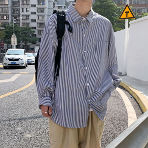 蓝色条纹衬衫男士长袖夏季薄款衬衣日系痞帅港风外套防晒衣-p35图片