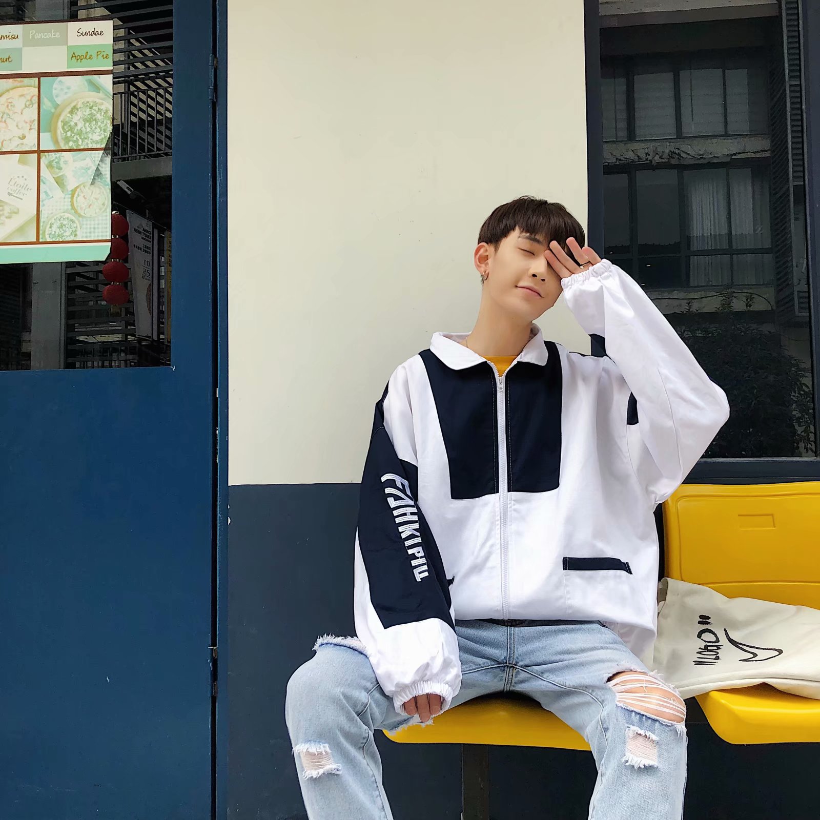 拼色工装外套男潮牌街头嘻哈宽松bf港风帅气网红夹克-W115-p55,男装夹克,星座601-1
