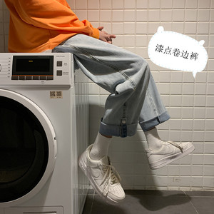 主推！新款潮流甩漆点纽扣子卷边港风牛仔裤男601-1-NB07-p45图片