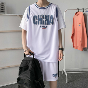 夏季篮球服运动套装男痞帅情侣假两件短袖短裤两件套-TZ33-p45图片