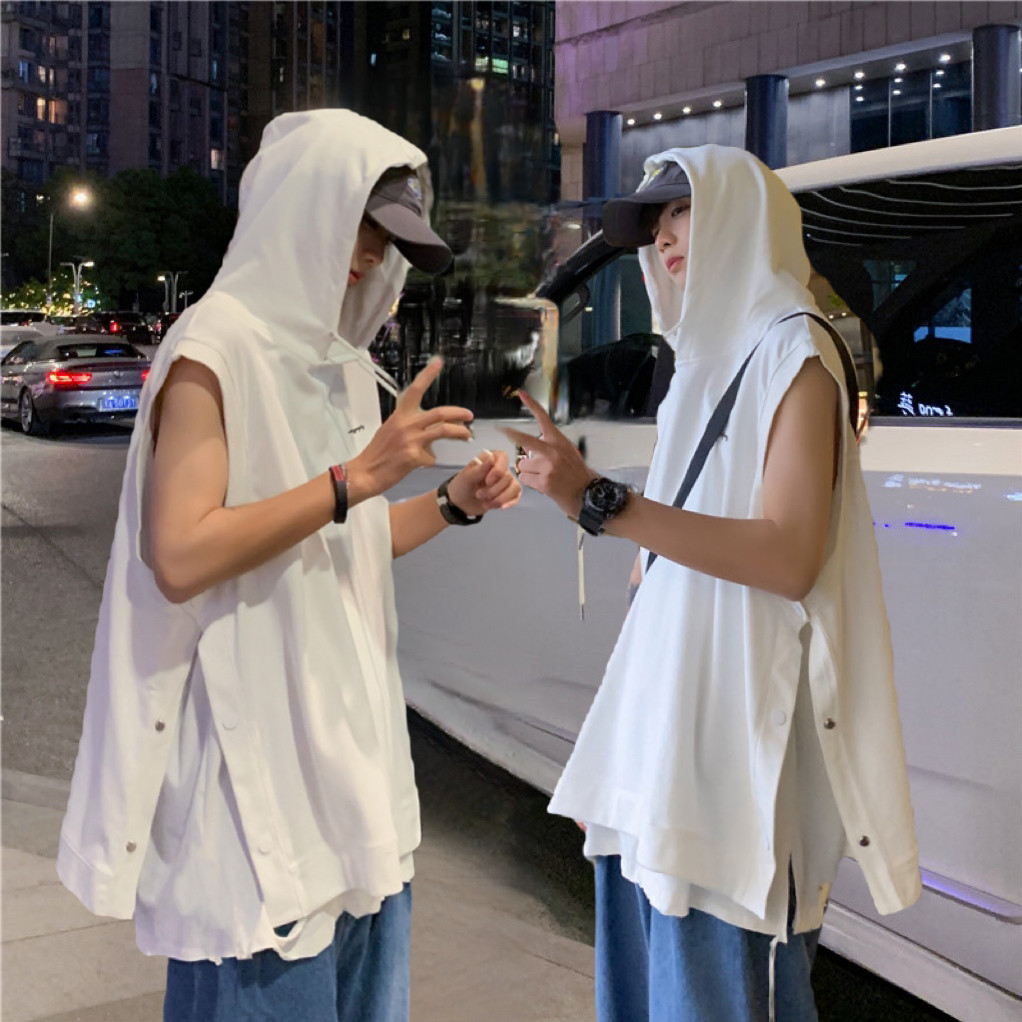 无袖连帽衫背心男开叉运动薄款纯色嘻哈篮球坎肩带帽t恤-BX50-p30图片