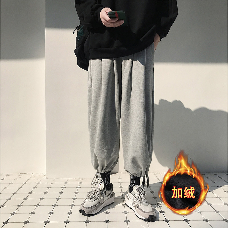 2021新款加绒休闲长裤男束脚直筒阔腿灯笼裤男潮流裤子9分裤图片
