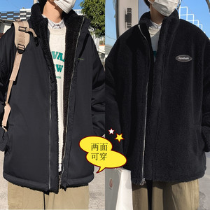 冬季羊羔绒两面穿棉衣加厚外套韩版潮流潮牌棉服黑色-WT1420-p75图片