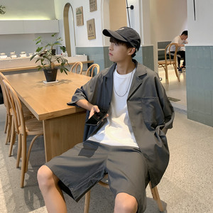 休闲西装男套装夏季痞帅外套韩版潮流百搭港风复古帅气短袖小西服图片