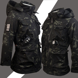 户外秋冬季迷彩冲锋衣套装加绒保暖黑色防水战术棉服野营登山服装
