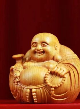 崖柏木弥勒佛手把玩件车