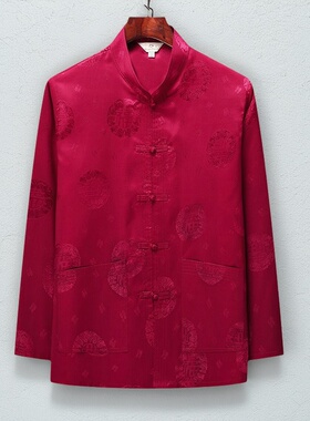 春秋中老年中国风长袖薄款冰丝宴会爸爸夏季唐装汉服婚宴红色礼服