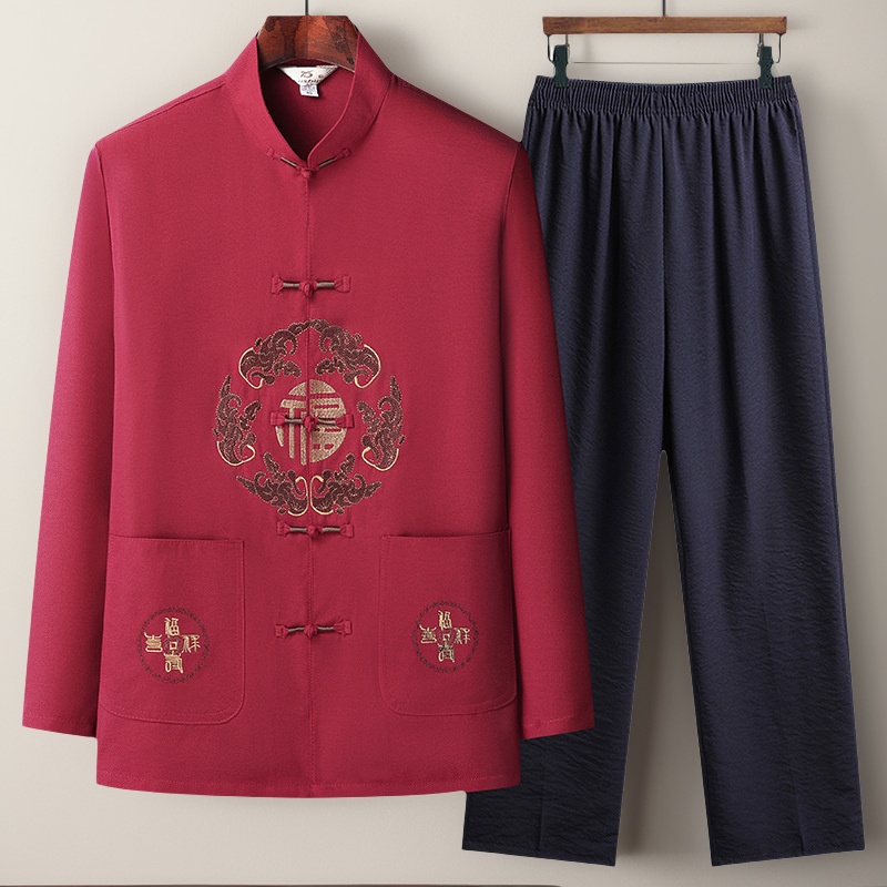 唐装男中老年人爸爸秋装冰丝长袖