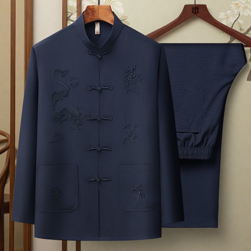 唐装男冰丝长袖套装春秋立领刺绣中老年人爷爷衬衣爸爸装晨练汉服