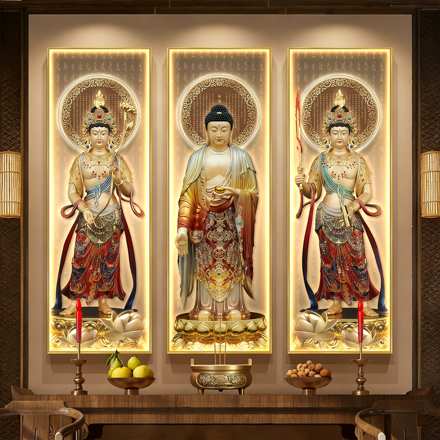 华严三圣挂画文殊普贤菩萨释迦牟尼画像站像佛堂家用供奉佛像壁画