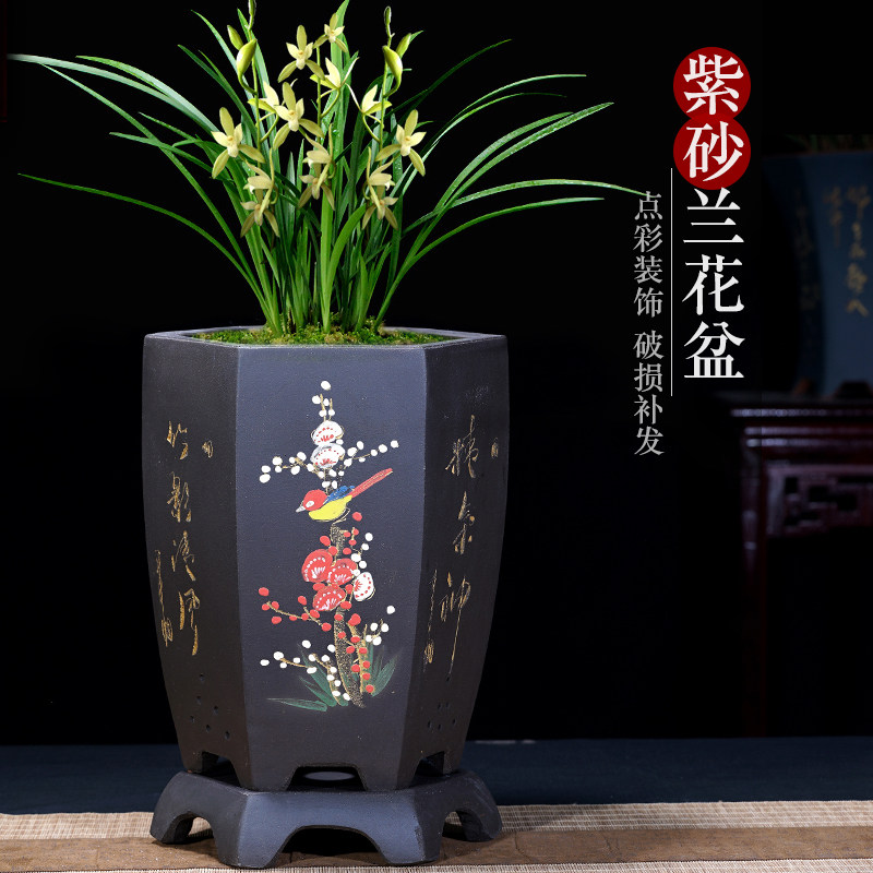 特大兰花盆紫砂花盆中国风黑色点彩兰花盆蕙兰墨兰花专用花盆陶瓷