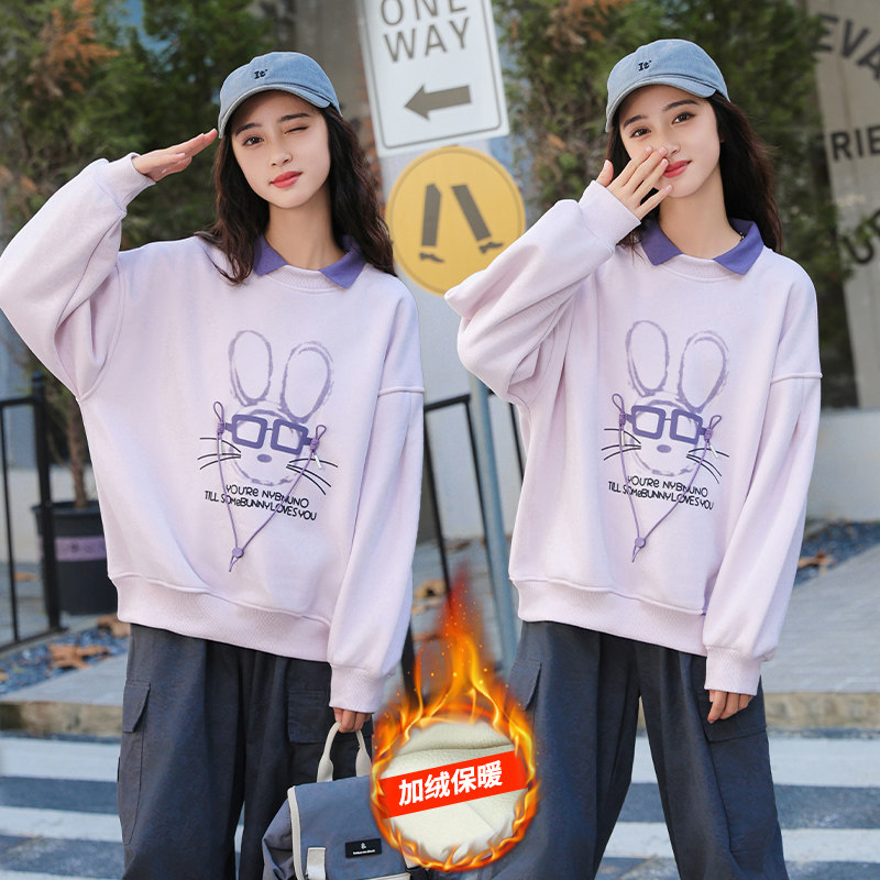 初中女生偏胖女童加绒卫衣秋冬装加肥加大码宽松休闲一体绒打底衫