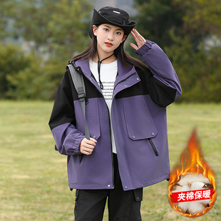 胖女童夹棉外套薄棉冲锋衣中大童加肥加大夹克风衣保暖初中生二棉