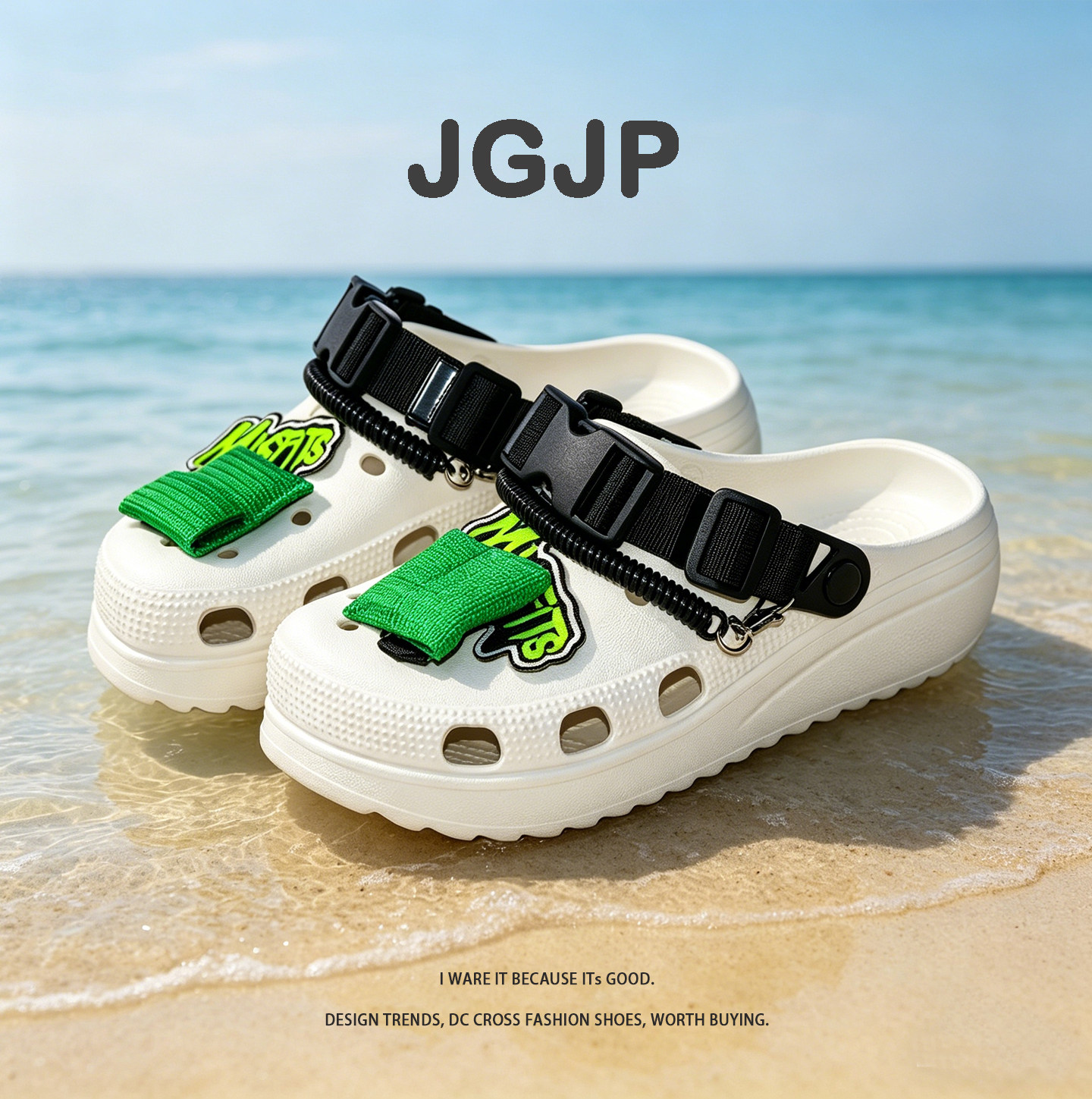 JGJP荧光绿个性防滑防臭吸睛字母贴布洞洞鞋夏季外穿透气男女款拖