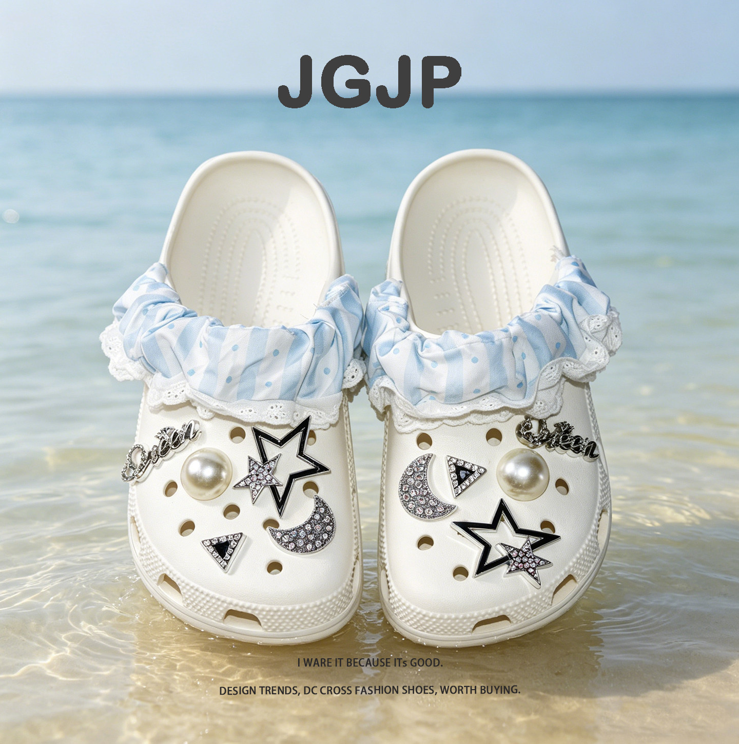 JGJP女生洞洞鞋可爱绝美法式奶油蓝丝带凉鞋外穿透气一脚蹬包头拖