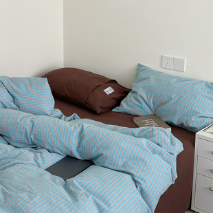简约男生纯棉条纹混搭床上用品床笠单人双人全棉三四件套 ins日式