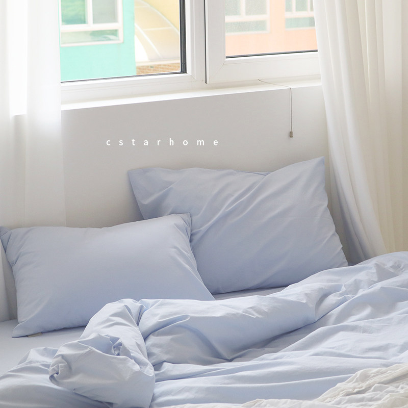ins 韩风纯棉天空蓝水洗棉床上用品全棉单人三件套双人纯色四件套