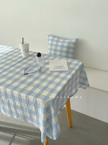 包边款奶蓝格子桌布可定制