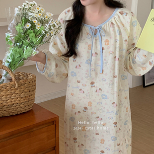 奶芙小狗 睡裙长裙睡衣纯棉家居服 全棉A类双层纱宽松透气长袖