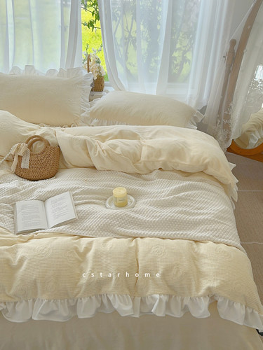 奶黄山茶花荷叶边牛奶绒四件套