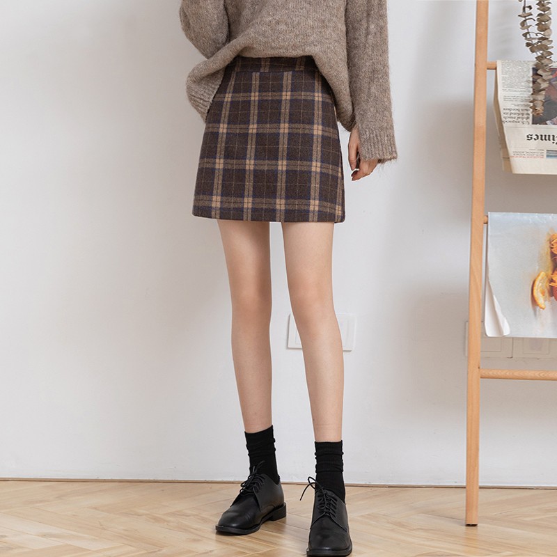 高腰显瘦复古格子A型短裙