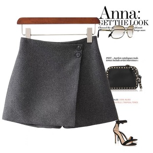 女秋冬黑色遮肚胯不规则阔腿短裤 灰色羊毛呢交叉钉扣高腰短裤 裙裤