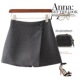 女秋冬黑色遮肚胯不规则阔腿短裤 灰色羊毛呢交叉钉扣高腰短裤 裙裤